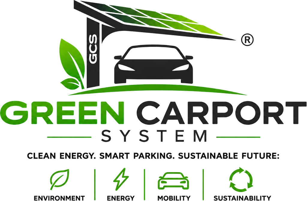 Znak Green Carport System z czterema filarami: środowisko, energia, mobilność, zrównoważony rozwój