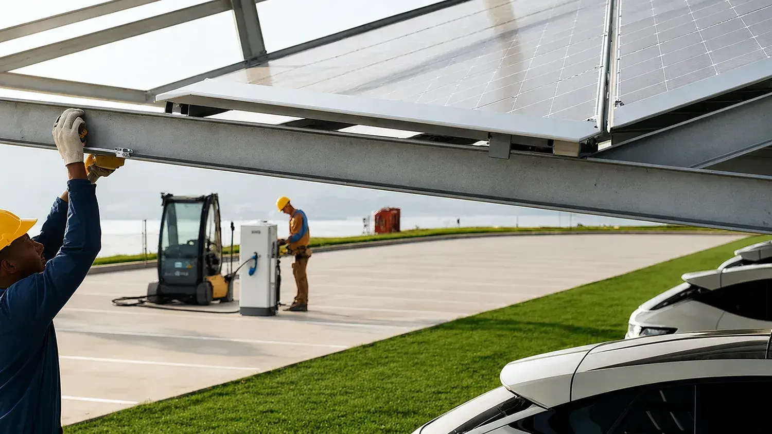 Montaż konstrukcji carportu fotowoltaicznego nad miejscami parkingowymi